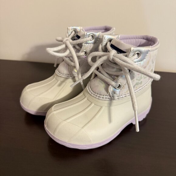 Sperry Toddler Duck Boots Size 6 Gray White Iridescent Lace-Up Rain Boots - Picture 3 of 10